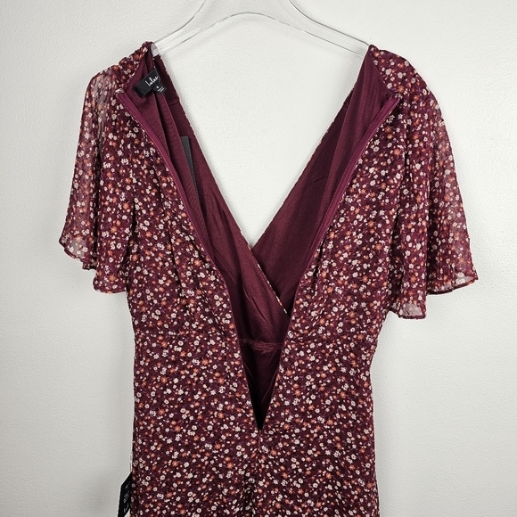 Lulu's Good Moments Burgundy Floral Print Split Sleeve Faux-Wrap Dress NWT - Picture 8 of 16